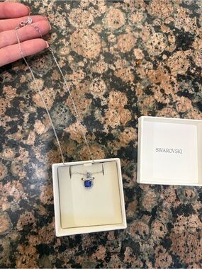 Swarovski Silver Necklace with Deep Blue Square Crystal Pendant